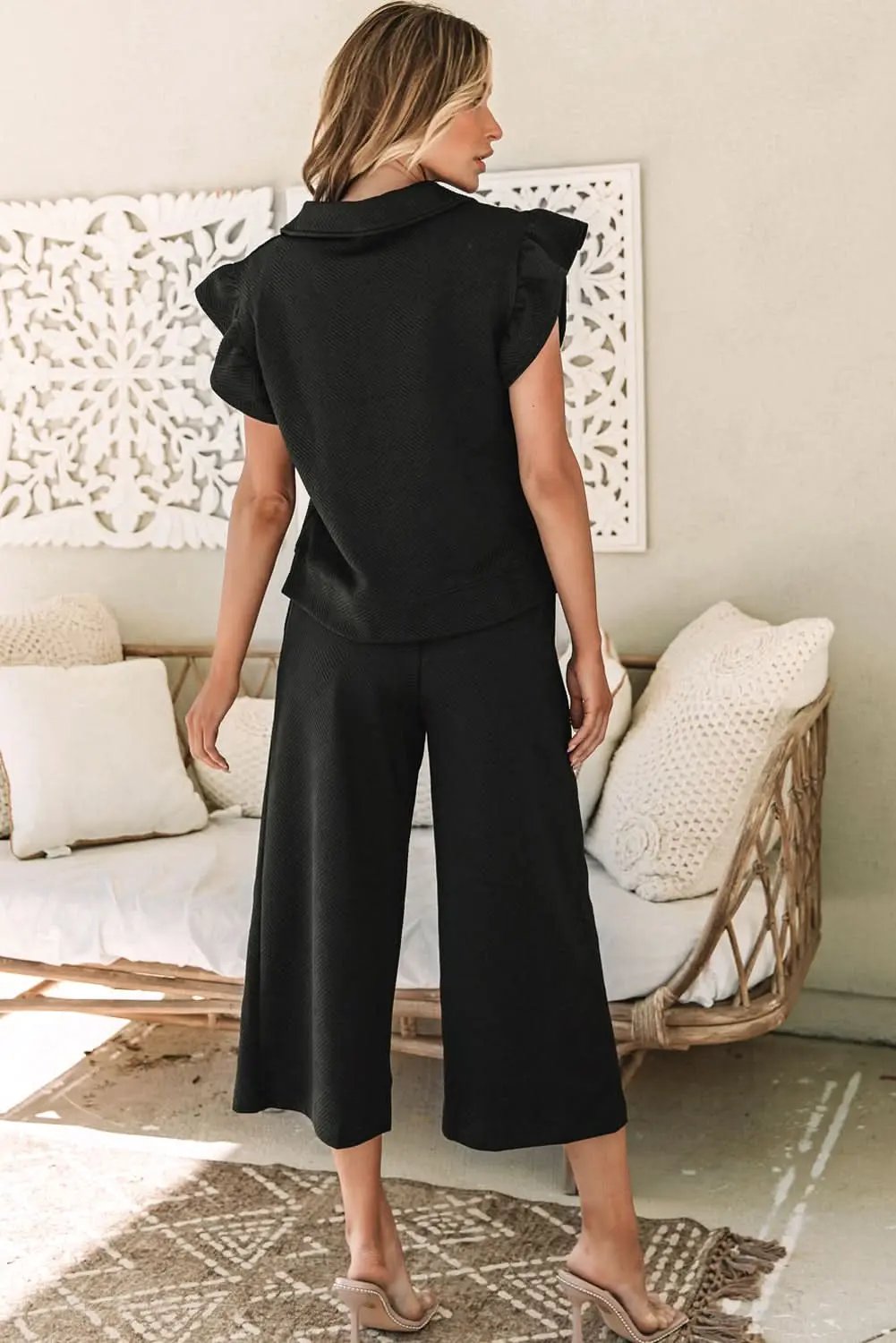 Black Textured Flutter Sleeve Top Wide Leg Pants Set - Love Salve